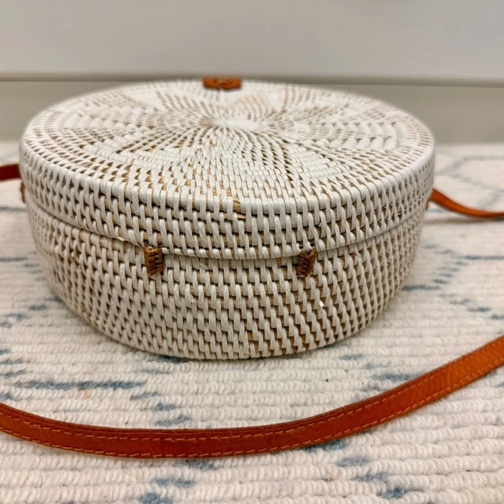 HANDMADE White Woven Boho Rattan Round Crossbody Leather Strap Tropical Lining